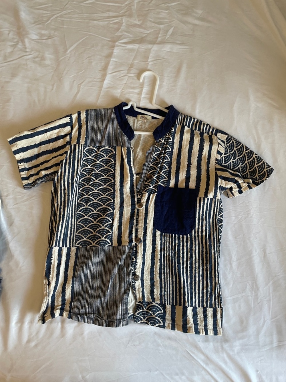 Men's Navy & White Patchwork Short Sleeve Button-Down Shirt